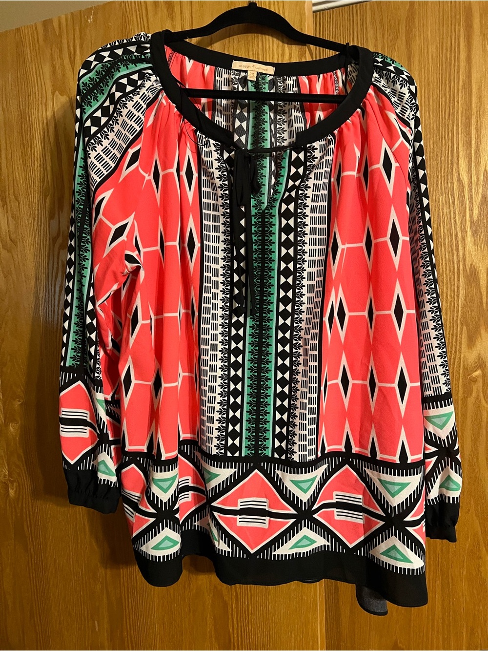 Gibson Latimer Coral, Black & Green Geo Tie-Neck Tunic